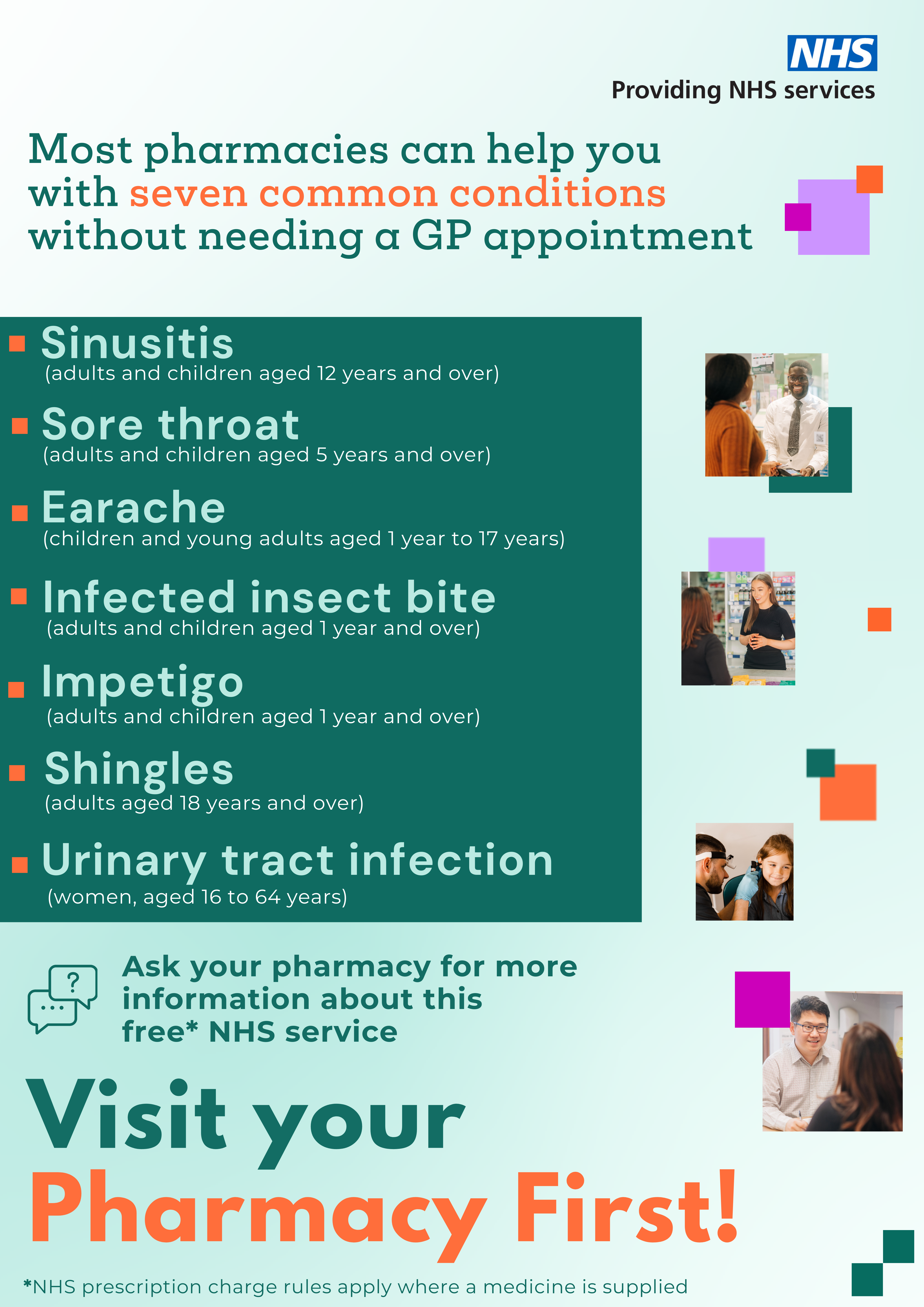 Information explaining which conditions can be dealt with at a Pharmacy.